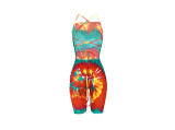 Multicolor Tie-dye Rainbow Straps Backless Sexy Romper