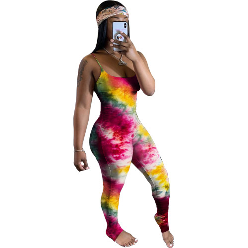Casual Straps Ruched Pleated Tie-dye Jumpsuit