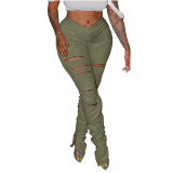 Solid Color Pleated Split Holes Stacked Pants