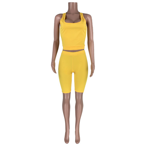 Solid Color Sport Vest Crop Top and Shorts