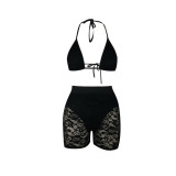 Solid Color Perspective Lace Halter Bra and Shorts
