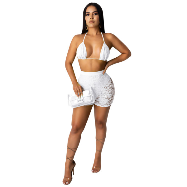 Solid Color Perspective Lace Halter Bra and Shorts
