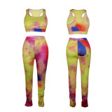 Casual Tie-dyed Printed Vest Crop Top and Split Stacked Trousers