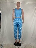 Casual Letter Print Sleeveless Crop Top and Trousers