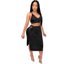 Solid Color Sweater Straps Crop Top and Skirts Set