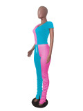 Color-block Crop Top & Pleated Split Micro-flare Stacked Pants