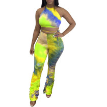 Casual Print Bandage Halter Crop Top and Stacked Trousers