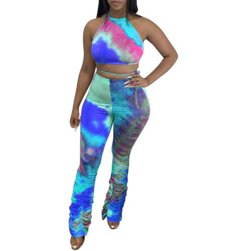 Casual Print Bandage Halter Crop Top and Stacked Trousers