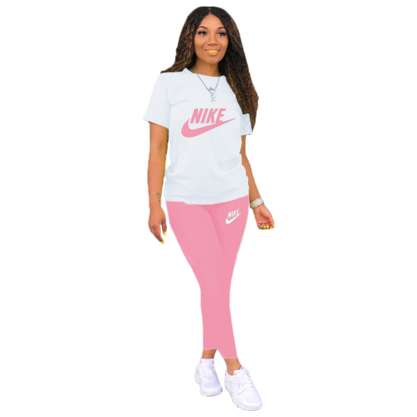Casual Print Letter Activewear Short Sleeve Top and Long Pant
