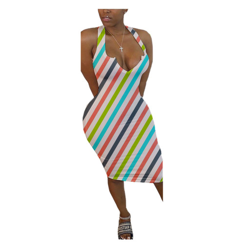 Casual Striped Sleeveless Midi Dress