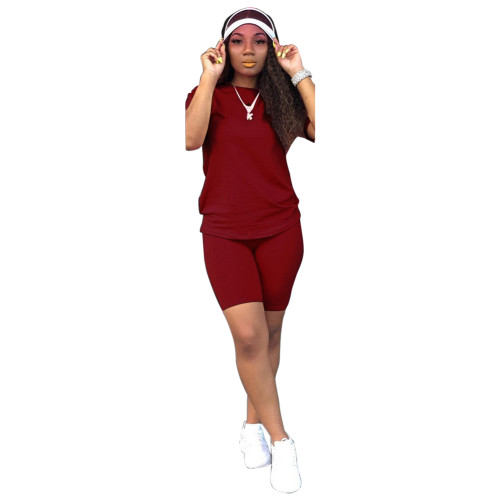 Solid Color Short Sleeve Two Piece Shorts Set