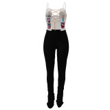 Casual Metal Chain Bandage Crop Top and Stacked Micro Pant