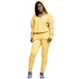 Casual Zipper V-neck Hooded Two Piece Pant Set