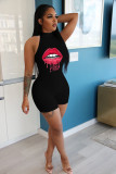 Casual Print Lips Mouth Sleeveless Romper