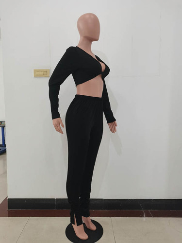 Solid Color Bandage Crop Top and Trousers