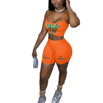 Printed Letters Burnt Flowers Straps Crop and  Shorts