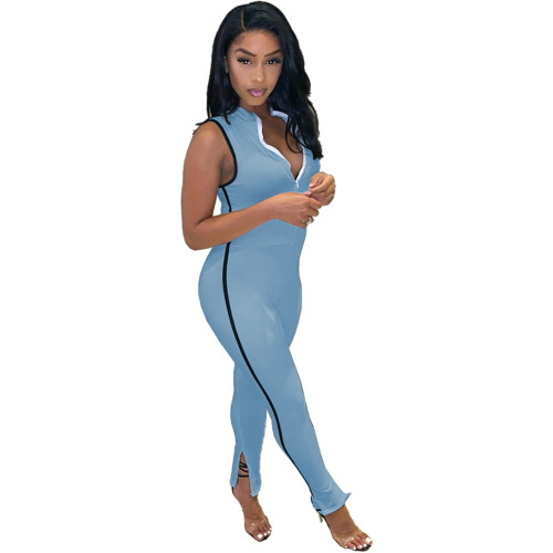 Solid Color Cuff Slits Zipper Sleeveless Jumpsuit