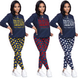 Casual Print Letter Tie Dot Shirt and Trousers 2 Pcs Set