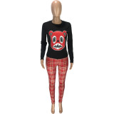 Casual Cartoon Offset Print Blouse and Plaid Zipper Trousers Two Piece Set
