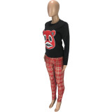 Casual Cartoon Offset Print Blouse and Plaid Zipper Trousers Two Piece Set