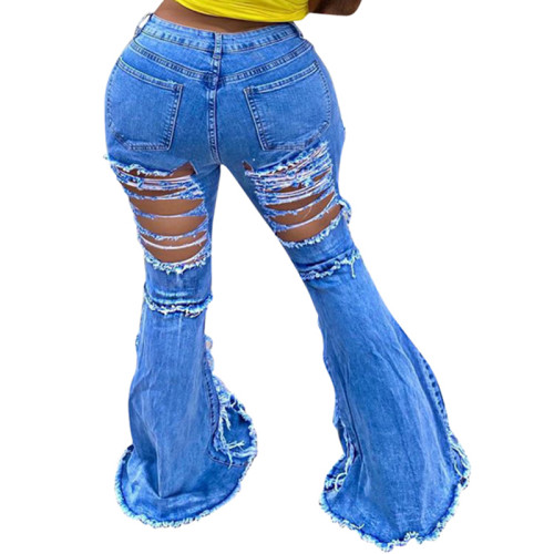Casual Holes Ripped Denim Flared Pants