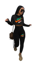 Casual Print Letter Hooded Crop Top and Pants