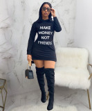 Casual Offset Printed Letters Hooded Mini Dress