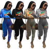 Casual Print Letter Hooded Crop Top and Pants