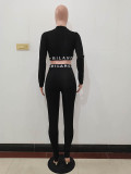Solid Color Print Letter Crop Top and Trousers