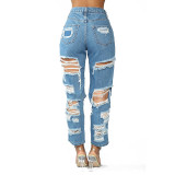 Casual Straight Leg Pants Ripped Washed Jeans