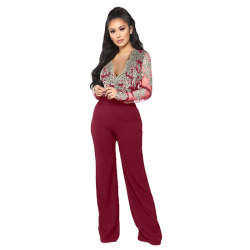 Casual Embroidery Lace V Neck Long Sleeve Jumpsuit with Wide Leg