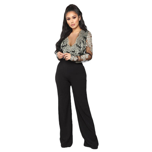 Casual Embroidery Lace V-neck Long Sleeve Jumpsuit with Wide Leg