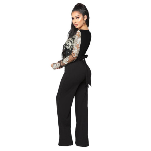 Casual Embroidery Lace V-neck Long Sleeve Jumpsuit with Wide Leg