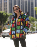 Colorful Dollar Print Hooded Down Jacket
