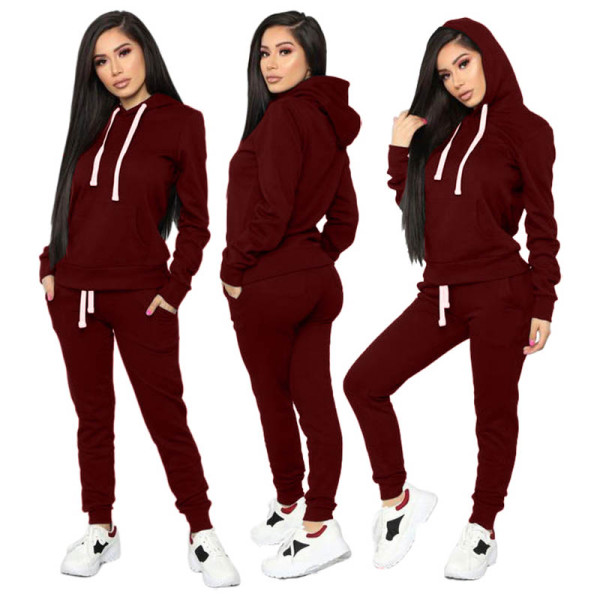 Solid Color Sports Hooded Two Pant Set
