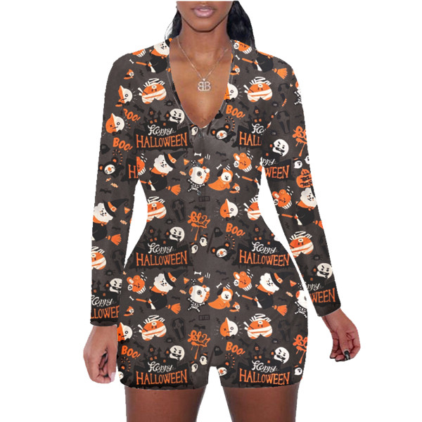 Halloween Pattern Print Shorts Loungewear Romper