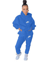 Winter Letter Embroidery Velvet Hooded Sweatsuit Pant Set