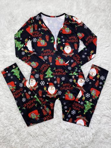 Casual Christmas Printed Long Sleeve Trousers Homewear Jumpsuit
