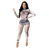 Sexy Long Sleeve Dollar Printed Mesh Jumpsuit