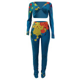 Women Colorful Ink-splash Print Crop Top Two Piece Outfits