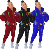 Solid Color Printed Hoodie Splash Ink Two Piece Outfits