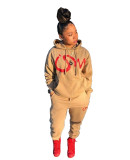 Casual Letter Print Drawstring Hooded Sweatshirt Set with Pockets