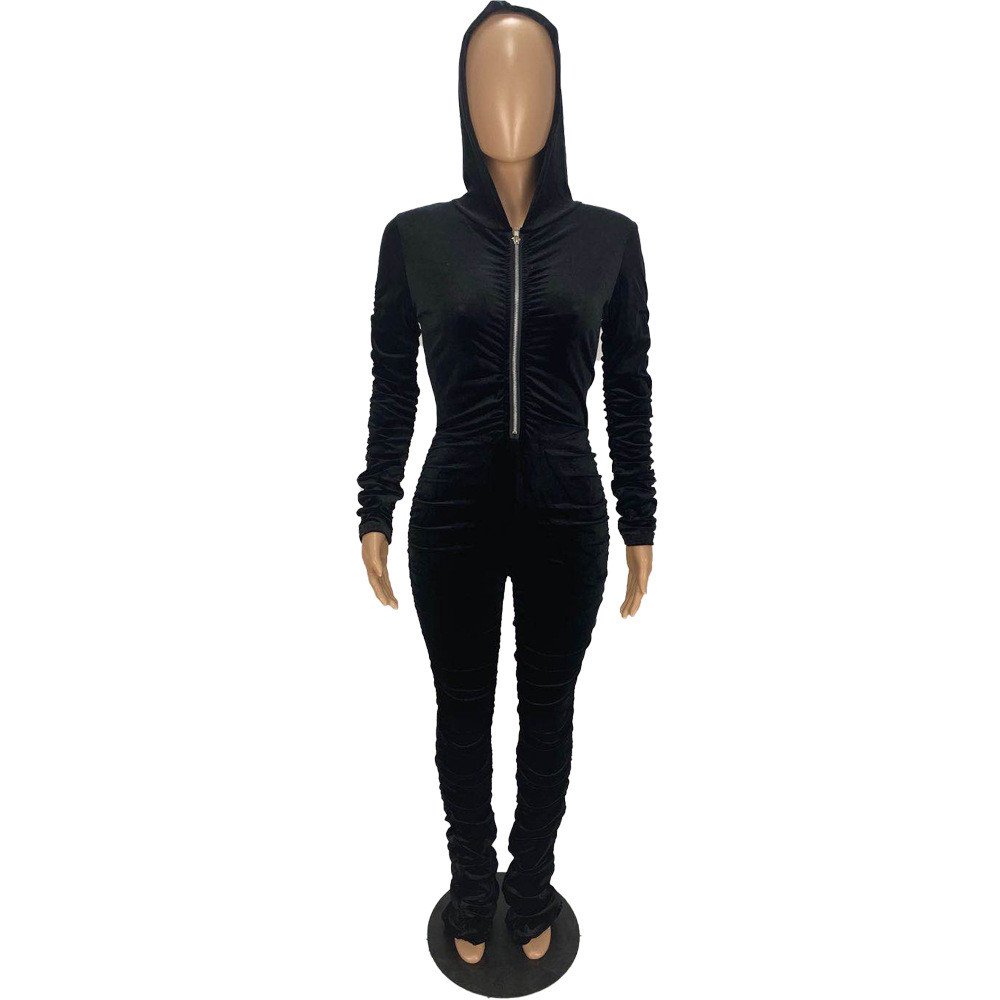 Winter Zipper Velvet Stacked Jumpsuit