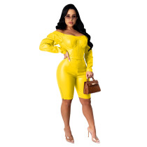 Casual Zipper Off Shoulder PU Leather Jumpsuit