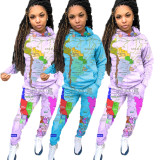 Casual Print Map Drawstring Hooded Sports Two Piece Outfits with Pocket