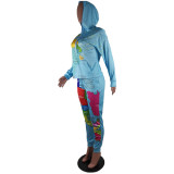 Casual Print Map Drawstring Hooded Sports Two Piece Outfits with Pocket