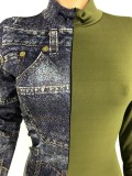 Zipper Imitation Denim Stitching Jumpsuit