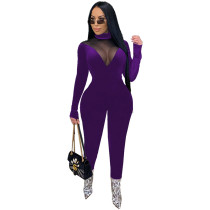 Casual Velvet Stitching Mesh Jumpsuit with Invisible Zipper