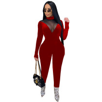 Casual Velvet Stitching Mesh Jumpsuit with Invisible Zipper