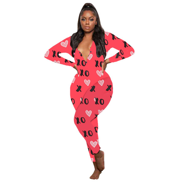 Casual Pattern Printed V Neck Home Jumpsuit